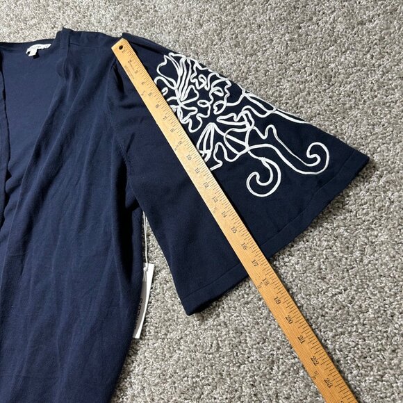 Chicos Womens Sz XXL Navy Open Front Cardigan/ Embroidered Floral Sleeves - Picture 6 of 11